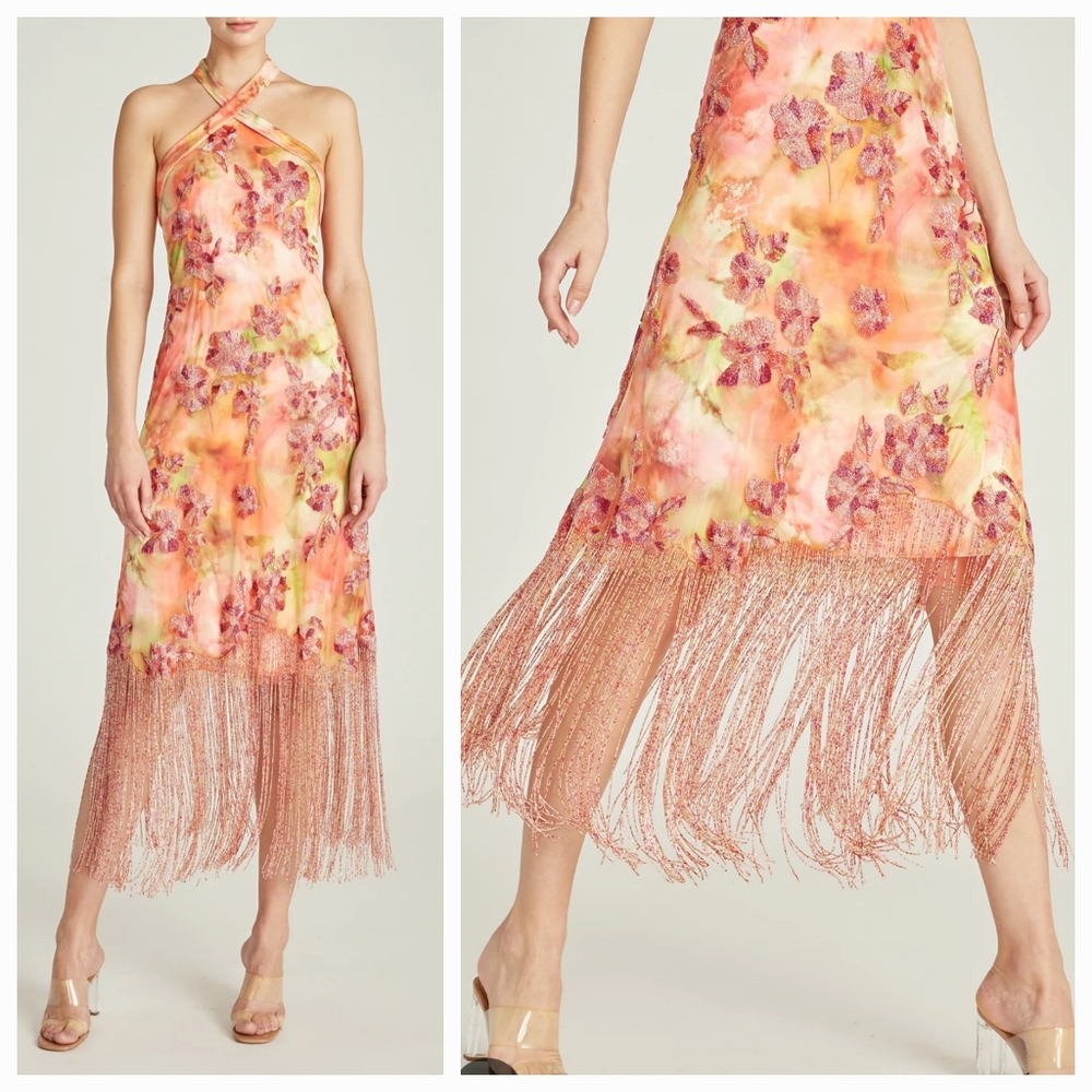 New Theia Floral Beaded Fringe Brigitte Halter‎ Midi Dress Size 6